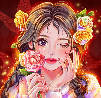 Rose, pink, fantasy, flower, red, face, harsh taggar, girl, yellow HD wallpaper