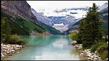 Lake Louise, Canada, rocks, lake, daylight, day, boats, clouds, trees, nature, sky, water, forest HD wallpaper