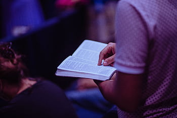 A focused moment of a person engaged in reading a Bible inside a church. HD wallpaper