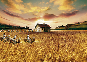 The bakery, situation, man, house, people, creative, fantasy, field, yellow, bakery, funny HD wallpaper
