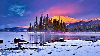 Lake Wenatchee Light, Washington State, sunset, snow, clouds, colors, trees, sky, ice HD wallpaper