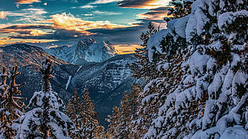 The Pyrenees, Catalonia, Spain, mountains, evening, snow, winter, landscape, trees HD wallpaper