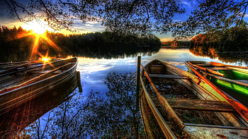 sunrise on boats in a lake r, boats, r, forest, lake, sunrise HD wallpaper