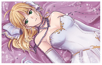 Saber, fsn, necklace, fate stay night, long hair, anime girl, lone, anime, blonde hair, green eyes HD wallpaper