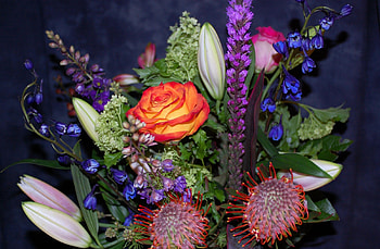 Flowers, Roses, Greens, Bouquet, Composition, Dolphinium, Delphinium, Proteus HD wallpaper