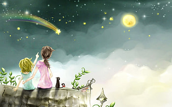 Beautiful night, night, blue, black, comet, stars, abstract, moon, cloud, art, girl, cat, light, green, yellow, luna, vector, child HD wallpaper