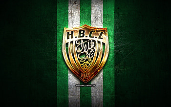HB Chelghoum Laid, golden logo, Algerian Ligue Professionnelle 1, green metal background, football, Algerian football club, HB Chelghoum Laid logo, soccer, HBCL, Hilal Baladiat Chelghoum Laid HD wallpaper