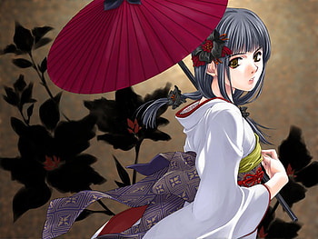 Kimono, sexy, umbrella, japan, hot, cute, girl, black hair, long hair, dress, anime girl, japanese cloth, anime, flower, female HD wallpaper