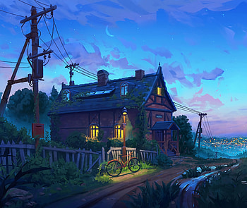 Art, Rivers, Clouds, Small House, Lodge, Evening, Bicycle HD wallpaper