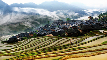 spectacular xijiang miao village in china, mpountains, clouds, fields, terraces, village HD wallpaper