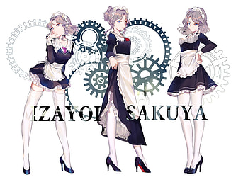Sakuya Iazyoi, Anime Girl, Sakuya, Maid, Purple Hair, High Heels, Touhou, Anime, Smile, Iazyoi, Maid Outfit, Gears, Blue Eyes, Big Eyes HD wallpaper