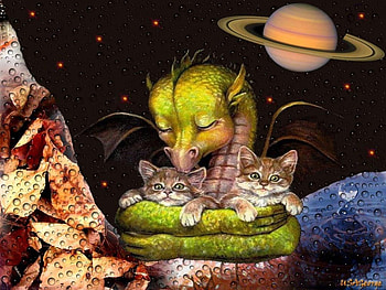 BABY DRAGONS LOVE, baby, dragon, green, kittens HD wallpaper