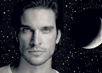 Daniel DiTomasso, white, by cehenot, black, man, bw, stars, moon, actor, face, luna, sky, male HD wallpaper