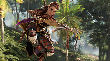 Aloy jumps with the bow and chases, Horizon Forbidden West, Aloy (Horizon Series), PlayStation 5 HD wallpaper