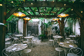 Romantic outdoor café setting with vintage decor and lush greenery under warm string lights. HD wallpaper