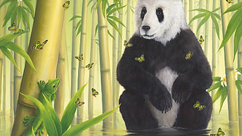 Panda bear, green, bamboo, forest, panda, black, white, art, robert bissell, bear, painting, pictura HD wallpaper
