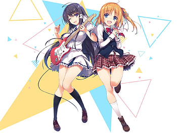 Rin and Kizuna, Mizuno, Rin Mizuno, Rin, Anime Friends, Smile, Reminiscence, Bandmates, Blue Eyes, Kizuna, Big Eyes, Triangle, Anime Girl, Guitar, Purple Hair, Friends, Anime, Seifuku, Brunette, Micro, School Uniform HD wallpaper