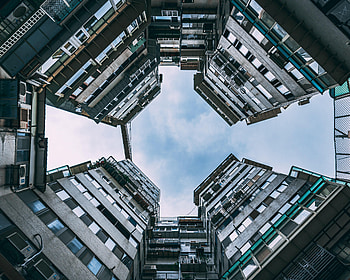 Sky, Clouds, Building, Miscellanea, Miscellaneous, Facade, Bottom View HD wallpaper