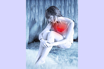 Sad girl, blue, girl, red heart, people, woman, sad, 3d, abstract, love, heart, melting, ice HD wallpaper