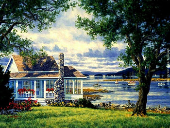 cozy cottage, trees, cottage, flowers, boats HD wallpaper