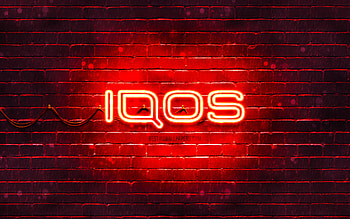 IQOS red logo, , red brickwall, IQOS logo, brands, IQOS neon logo, IQOS HD wallpaper