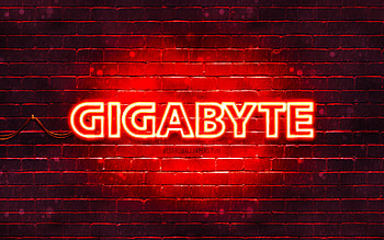 Gigabyte red logo, , red brickwall, Gigabyte logo, brands, Gigabyte neon logo, Gigabyte HD wallpaper