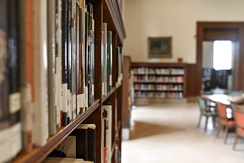A quiet library interior featuring bookshelves, seating, and a study area for learning and reading. HD wallpaper