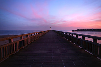 Nature, Sky, Sea, Dawn, Horizon, Pier, Lighthouse HD wallpaper