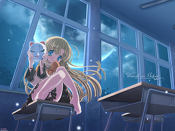 Moonshine, chair, table, mask, anime, moon, class, girl, stars HD wallpaper
