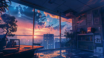 Lofi Vibes: A Sunset Over the City, lofi, cityscape, office, interior HD wallpaper