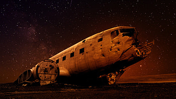 Starry night, wreck, airplane, landscape HD wallpaper