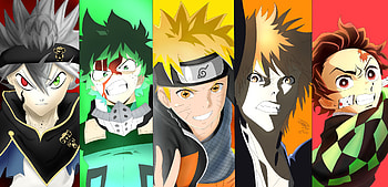 Epic Anime Crossover: Tanjiro, Ichigo, Naruto, Deku & Asta, Tanjiro Kamado, Ichigo Kurosaki, Naruto Uzumaki, Izuku Midoriya, Asta (Black Clover), Anime, crossover HD wallpaper