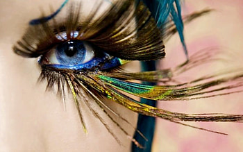 Eye, blue, lashes, feather, yellow, green, peacock HD wallpaper