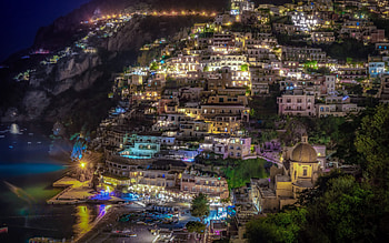 Positano, night, city on a cliff, Tyrrhenian Sea, coast, Campania, Salerno, Positano cityscape, Italy HD wallpaper