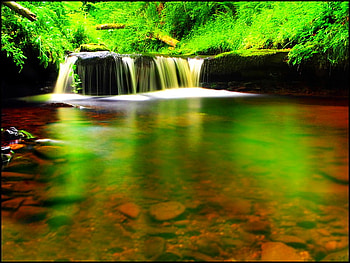 Forest waters, silent, fall, peaceful, beautiful, reflections, lake, emerald, mirrored, green, waterfall, nature, waters, forest, pond HD wallpaper