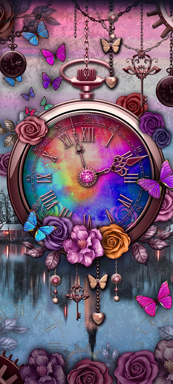 Rainbow Flower Clock, flowers, pink, petal, premium, butterfly, fantastic HD phone wallpaper