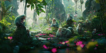 Monkeys, green, maimuta, alex pi, jungle, art, alexpi, summer, pink, fantasy, mnkey, vara HD wallpaper