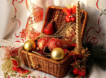 Holidays, New Year, Decorations, Branch, Needles, Christmas Decorations, Christmas Tree Toys, Balls, Candle, Boot, Casket HD wallpaper