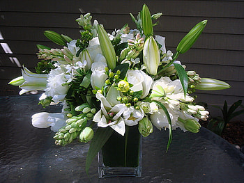 Spring whites, white, bouquet, flowers, greens, black vase HD wallpaper