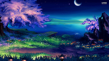 Moonlit Night, night, lit, moon, fantasy, path, arts, trees HD wallpaper