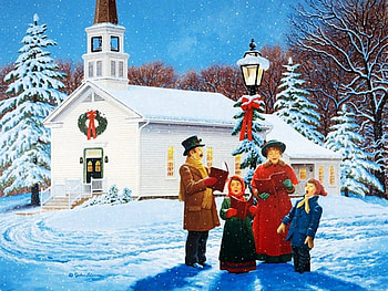 Christmas Caroling, artwork, painting, snow, trees, church, victorian, vintage HD wallpaper