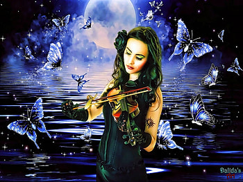 Moonlight Serenade, sea, tear, tattoo, girl, stars, sparkles, violin, beauty, butterflies, moon, fantasy, magical, sky, water, ocean HD wallpaper