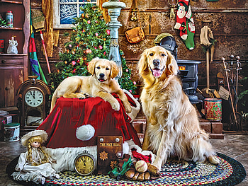 Santa's Little Helpers F1Cmp, winter, dogs, clocks, occasion, doll, holiday, scenery, painting, snow, December, art, beautiful, illustration, tree, artwork, wide screen, Christmas, pets, canine HD wallpaper
