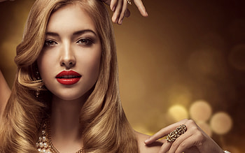 Beauty, model, ring, blonde, pearl, face, girl, woman, jewel, red, lips HD wallpaper