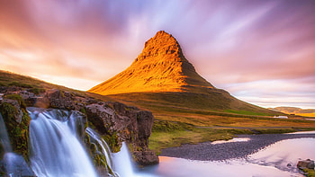 Waterfall And Pointed Mountain At Sunset, waterfall, mountain, sunset, sky, nature HD wallpaper