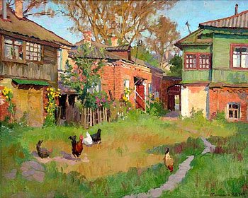 Патокина Jan. The old courtyard, grass, nature, art, painting HD wallpaper