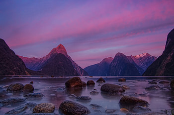 Milford Sound, mountains, rocks, sunset HD wallpaper