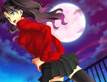 Rin Tohsaka, Full Moon, Rin, Fate Stay Night, Black Hair, Night Sky, Smile, Tohsaka, Blue Eyes, Big Eyes, Clouds, Anime Girl, Railing, Anime, Seifuku, School Uniform, Long Hair HD wallpaper
