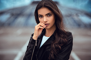 Leather jacket, girl model, long hair HD wallpaper