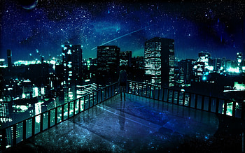 outer space cityscapes night stars alone balcony buildings city lights artwork manga night landscape HD wallpaper